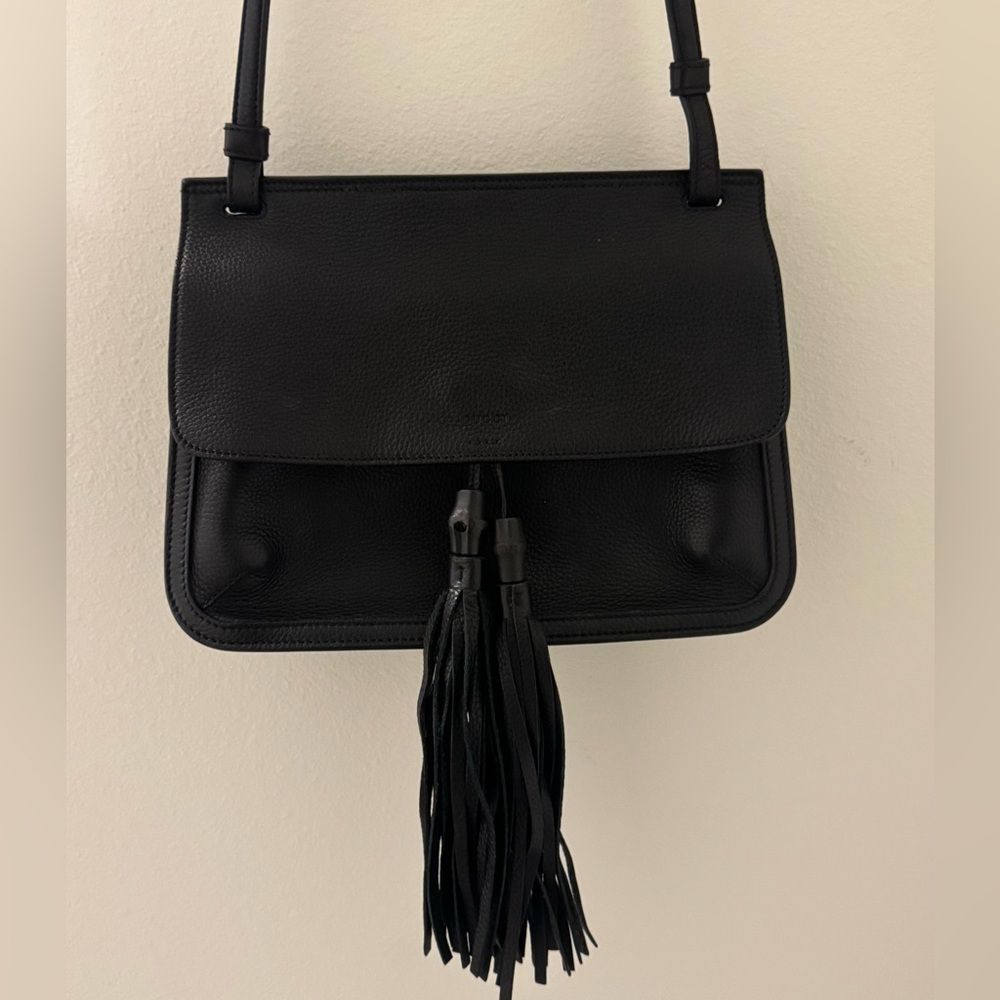 Gucci Bag Bamboo Daily Tassel Flap Shoulder Black Leather Crossbody Bag